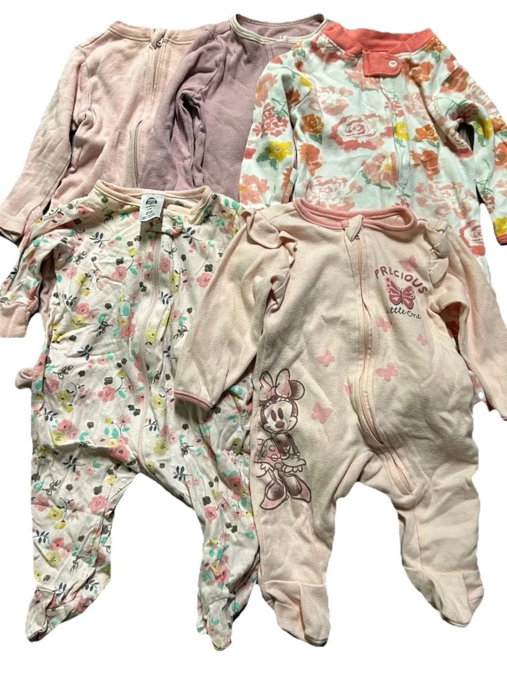Baby Girl Footie Pajamas Minnie Mouse Solid Floral 2 Way Zipper Size 0-3 Months